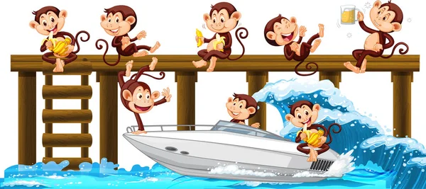 Wooden Pier Many Monkeys Doing Different Activities Illustration — Stock Photo, Image