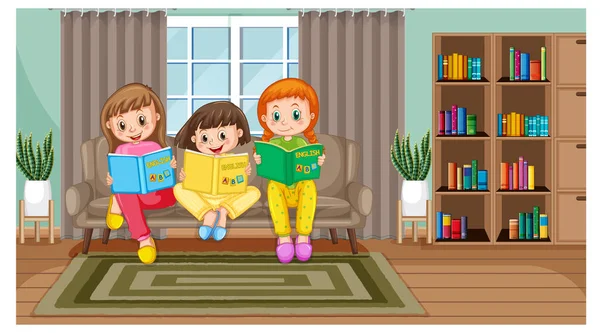 Παιδιά Ανάγνωση Βιβλίων Στο Σπίτι Εικονογράφηση — Φωτογραφία Αρχείου