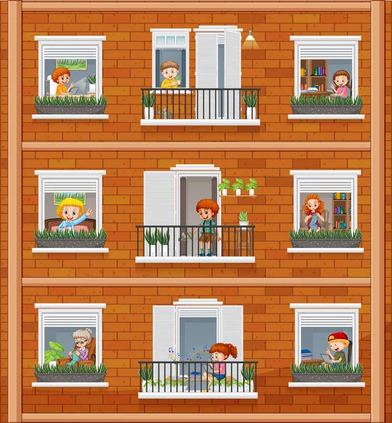 Ventanas Del Apartamento Con Ilustración Personajes Dibujos Animados Vecinos — Foto de Stock