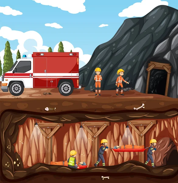 Підземна Сцена Рятуванням Пожежників Ілюстрації Мультиплікаційного Стилю — стокове фото