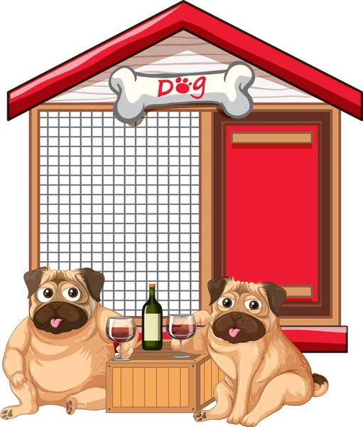 Två Mops Dricka Vin Doghouse Illustration — Stockfoto