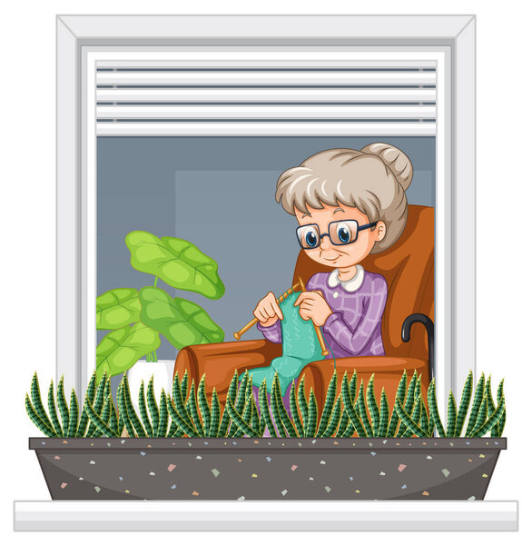 View Window Granny Knitting Illustration Stock Picture