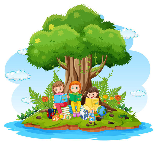 Children Reading Books Island Illustration Stock Image