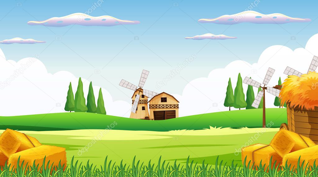 Farm scene with windmill and barn illustration