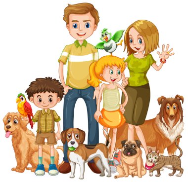 Çizgi film tarzında birçok köpeği olan aile üyeleri.