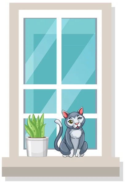 Gato Sentado Una Ventana Estrecha Ilustración — Vector de stock
