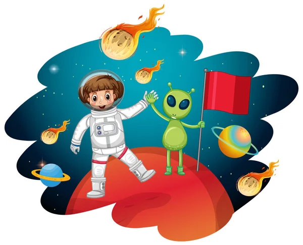 Astronaut Alien Standing Planet Illustration — Stock Vector