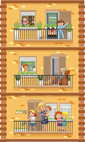 Окна Квартир Иллюстрацией Персонажей Мультфильмов Соседей — стоковый вектор