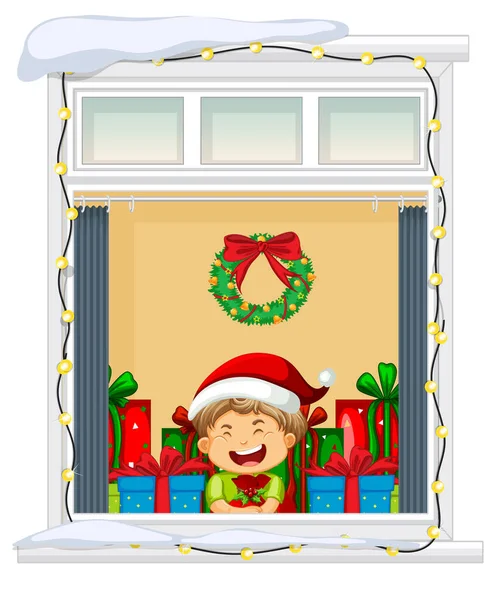 Blick Durch Das Fenster Der Cartoon Figur Weihnachten Thema Illustration — Stockvektor