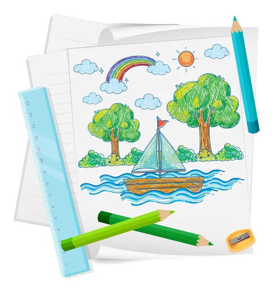 Ένα Χαρτί Σχέδιο Σκίτσα Χρώμα Και Χρωματιστά Μολύβια — Διανυσματικό Αρχείο