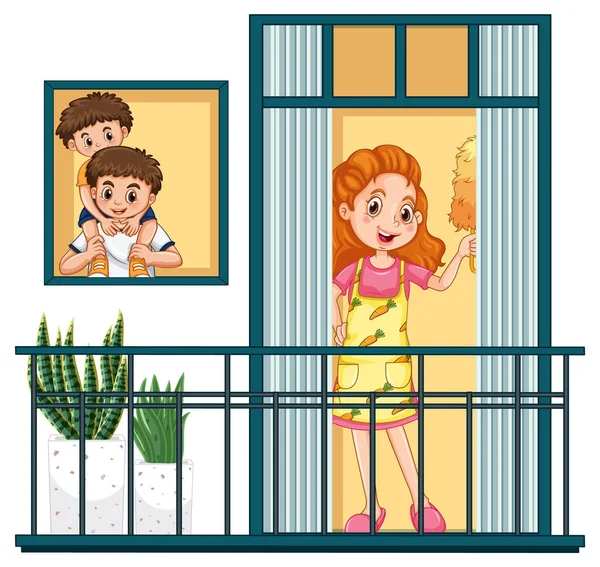 Utsikt Genom Fönstret Balkongen Lycklig Familj Illustration — Stock vektor