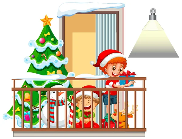 Blick Durch Das Fenster Der Cartoon Figur Weihnachten Thema Illustration — Stockvektor