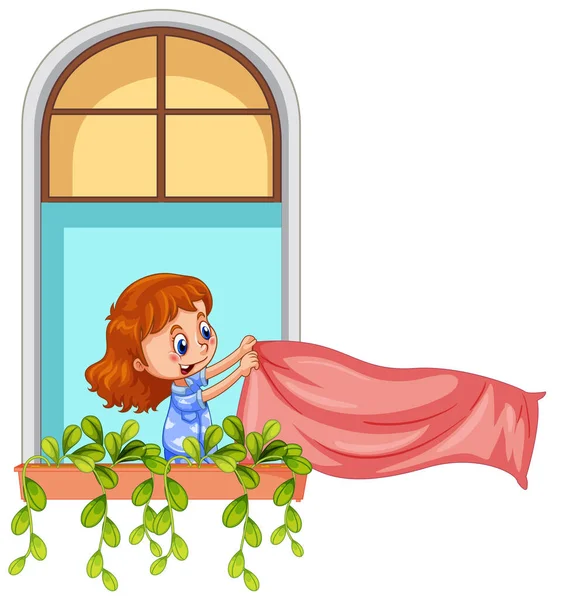 Blick Aus Dem Fenster Einer Zeichentrickfigur Für Mädchen — Stockvektor