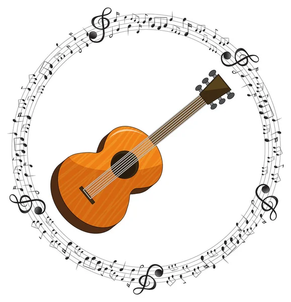 Une Guitare Avec Des Notes Musicales Sur Fond Blanc Illustration — Image vectorielle