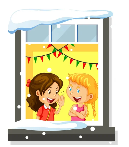 View Window Two Girls Talking Together Illustration — Stock Vector