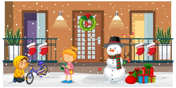 Escena Aire Libre Con Gente Muñeco Nieve Navidad Tema Ilustración — Vector de stock