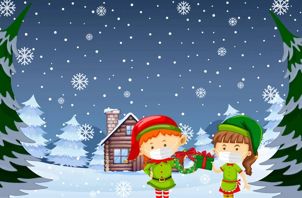 Verschneite Nacht Szene Mit Weihnachten Cartoon Figuren Illustration — Stockvektor