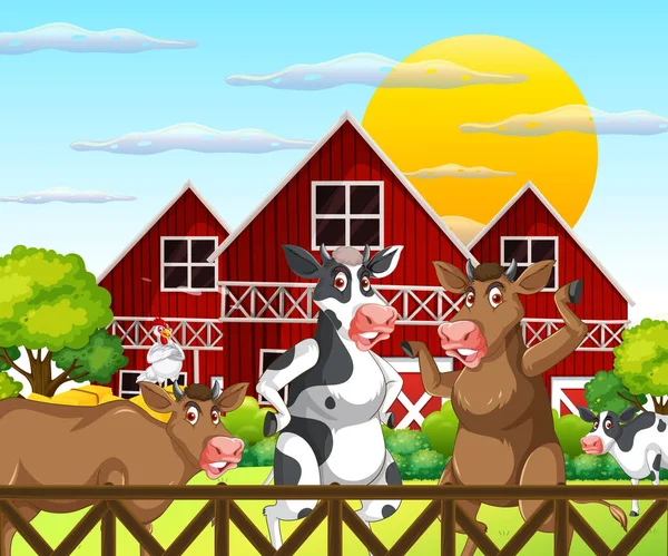 農場のイラスト上の家畜とのシーン — ストックベクタ