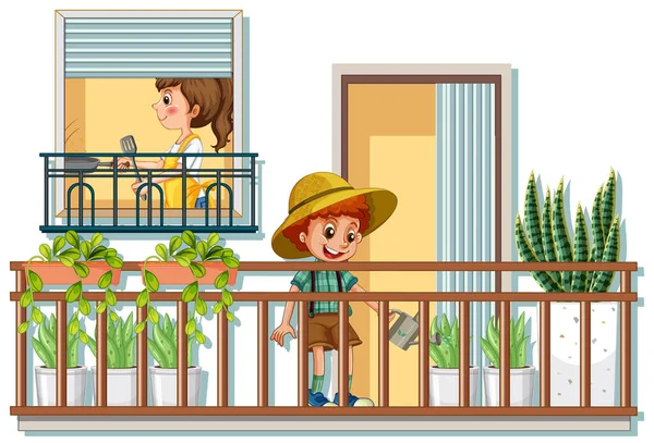 Balcón Con Ilustración Una Planta Riego Para Niños — Archivo Imágenes Vectoriales