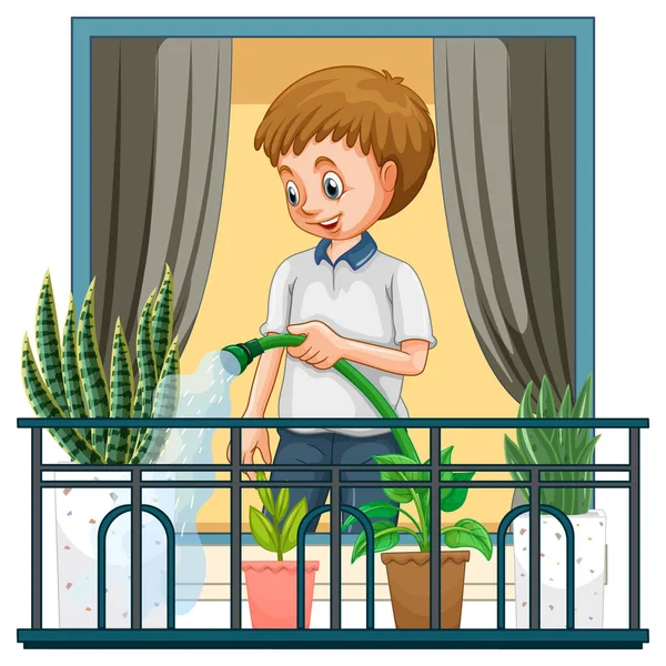 Een Man Besproeiing Planten Staan Het Balkon Illustratie — Stockvector