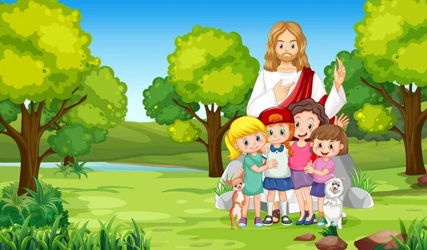 Jesús Los Niños Parque Ilustración — Vector de stock