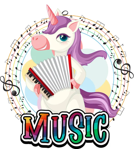 Cute Purple Unicorn Playing Accordion Music Notes White Background Illustration — Stock Vector