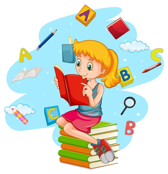 Girl Reading Books White Background Illustration — Stock Vector