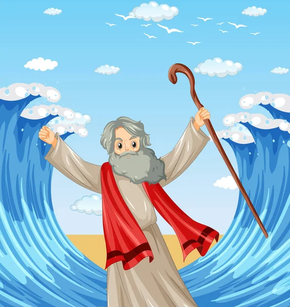 带有红海背景插图的摩西卡通人物 — 图库矢量图片
