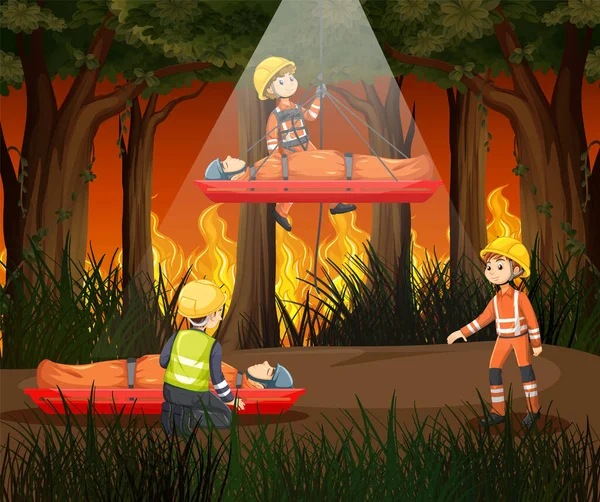 Escena Wildfire Con Rescate Firerman Ilustración Estilo Dibujos Animados — Archivo Imágenes Vectoriales