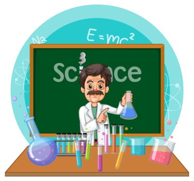 Bilim adamı karikatür karakteri laboratuvar malzemesi çizimi