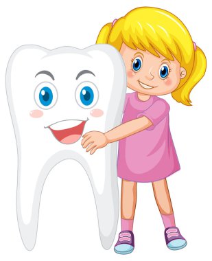 Mutlu çocuk beyaz arka planda büyük bir dişe sarılıyor.