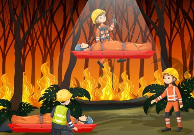 Çizgi film stili illüstrasyonda Firerman Kurtarma ile vahşi yangın sahnesi