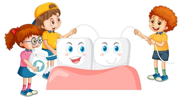 Crianças Poliram Dentes Usando Fio Dental Fundo Branco Ilustração —  Vetores de Stock