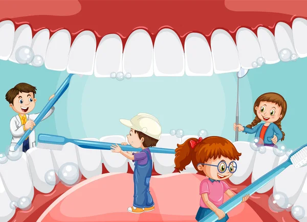 Glückliche Kinder Beim Zähneputzen Mit Einer Zahnbürste Menschlichen Mund Illustration — Stockvektor
