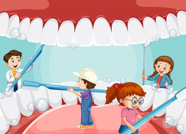 Niños Felices Cepillándose Los Dientes Blanquear Con Cepillo Dientes Dentro — Vector de stock