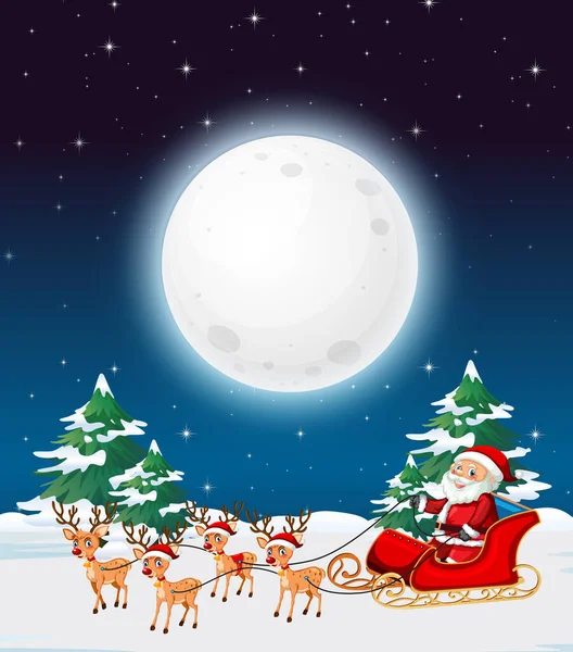 Snowy Winter Night Christmas Santa Claus Sleigh Illustration — Stock Vector