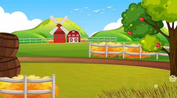 Farm Jelenetet Szélmalom Pajta Illusztráció — Stock Vector