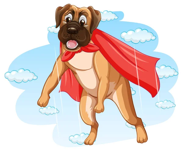 Cute Dog Red Cape Flying Sky Illustration — Stock Vector