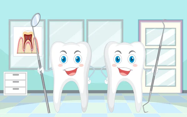 Glückliche Große Zähne Halten Zahnuntersuchungsset Klinik Illustration — Stockvektor