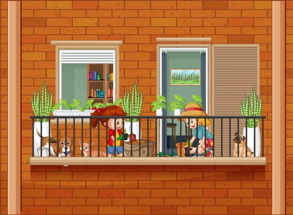 Balkonszene Mit Kindern Zeichentrickfigur Illustration — Stockvektor