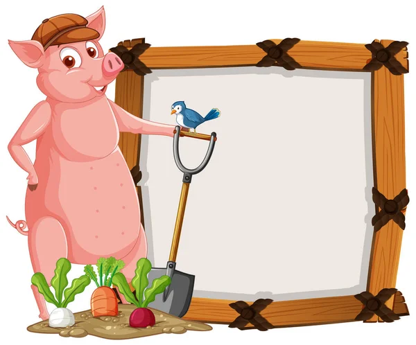 Izolowany Drewniany Sztandar Zabawną Ilustracją Świni — Wektor stockowy