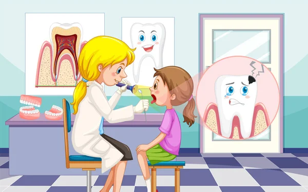 Mujer Dentista Examinando Dientes Paciente Ilustración Clínica — Vector de stock