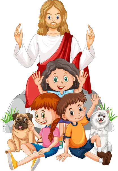 イエスと子供たちの白い背景イラスト — ストックベクタ