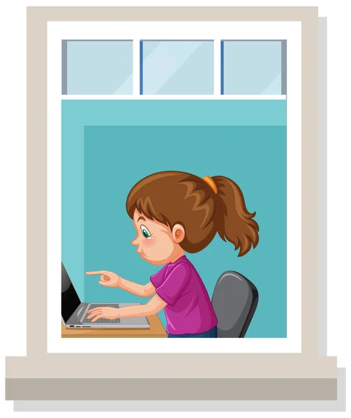 View Window Girl Using Laptop Illustration — Stock Vector