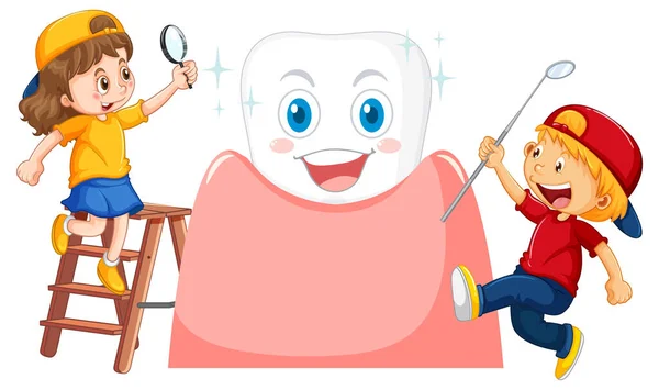 Счастливые Дети Проверяют Зубы Зубным Зеркалом Белом Фоне — стоковый вектор