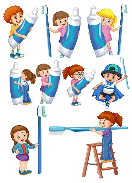 Ensemble Enfants Heureux Tenant Équipement Nettoyage Dentaire Sur Fond Blanc — Image vectorielle