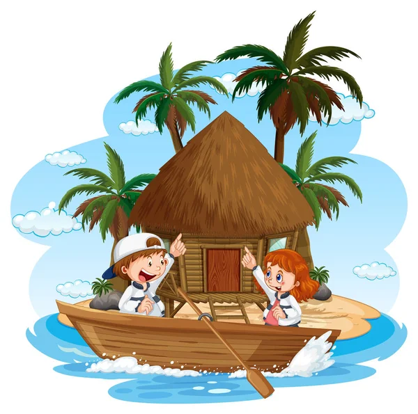 Bungalow Isla Con Niños Barco Madera Ilustración — Archivo Imágenes Vectoriales