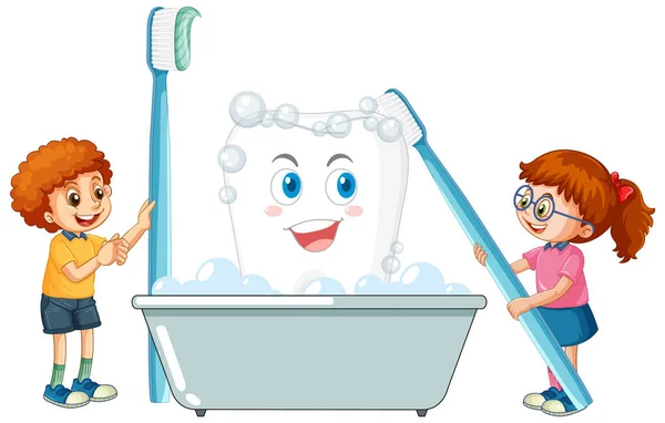 Happy Kids Myje Duży Ząb Szczoteczką Zębów Białym Tle Ilustracji — Wektor stockowy
