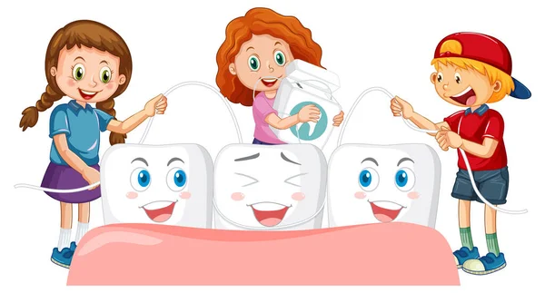 Los Niños Pule Los Dientes Con Hilo Dental Sobre Fondo — Vector de stock