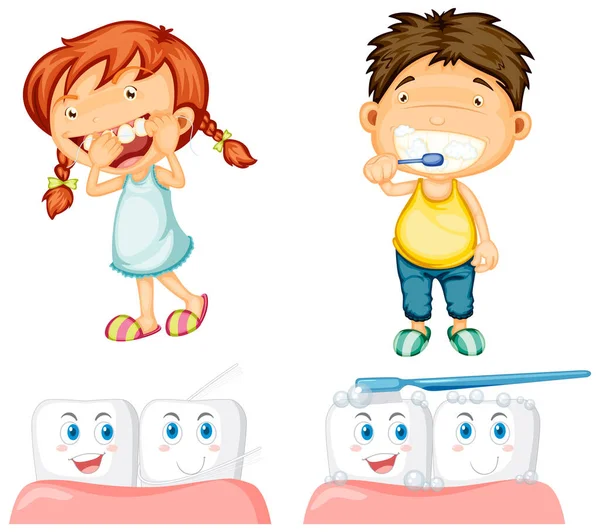 在白色的背景图上 快乐的孩子们用大的牙齿牙线和刷牙 — 图库矢量图片